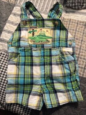 Starting Out Blue, Green and White Plaid Alligator Overalls
